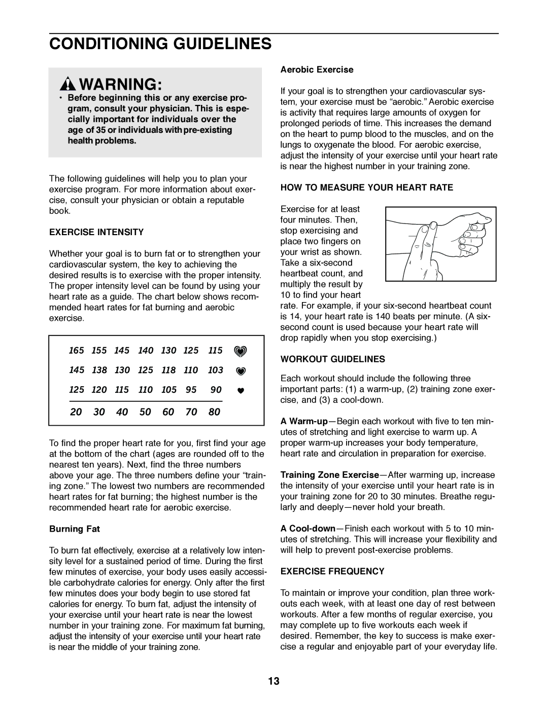 Weslo E 20 user manual Conditioning Guidelines, Exercise Intensity, HOW to Measure Your Heart Rate, Workout Guidelines 