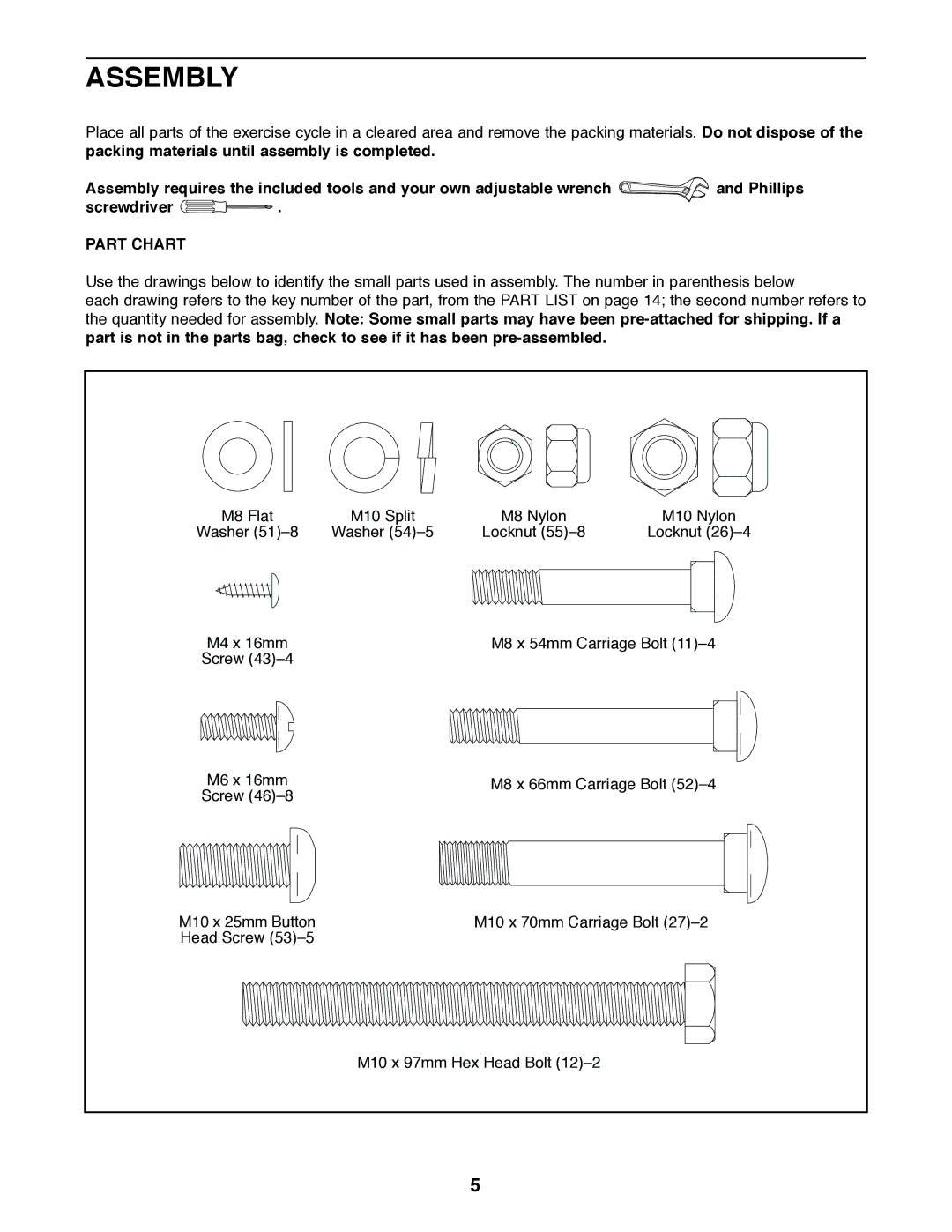 Weslo E 20 user manual Assembly, Part Chart 