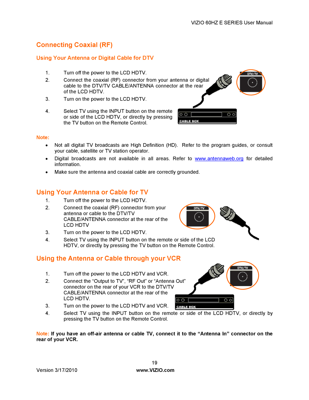 Weslo E320VA Connecting Coaxial RF, Using Your Antenna or Cable for TV, Using the Antenna or Cable through your VCR 