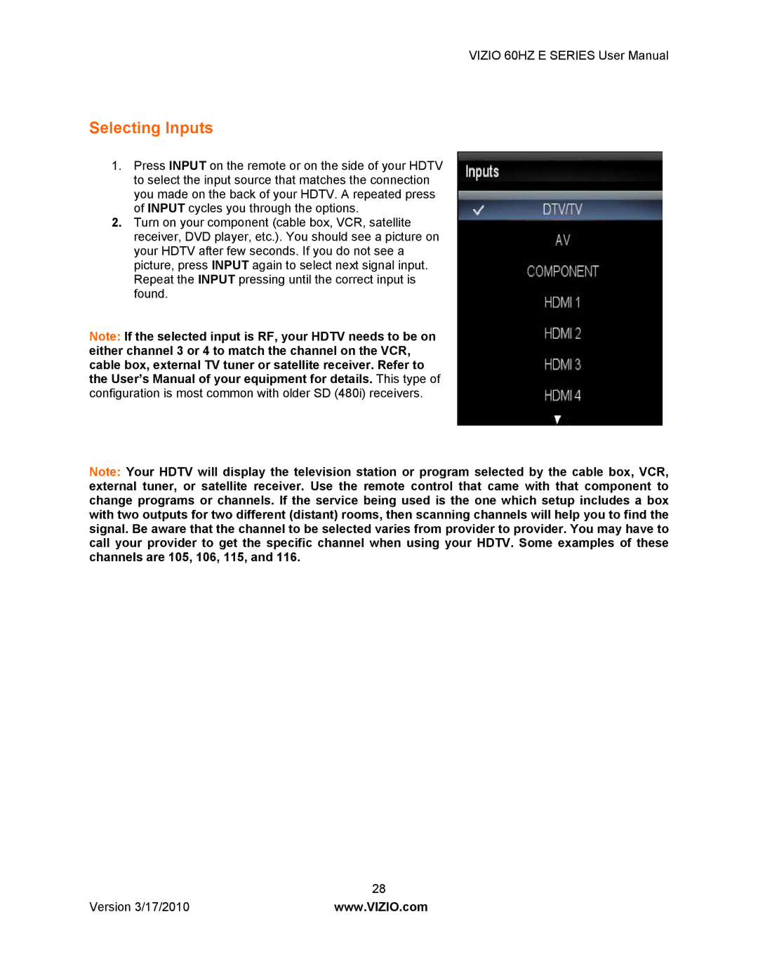 Weslo E320VA user manual Selecting Inputs 