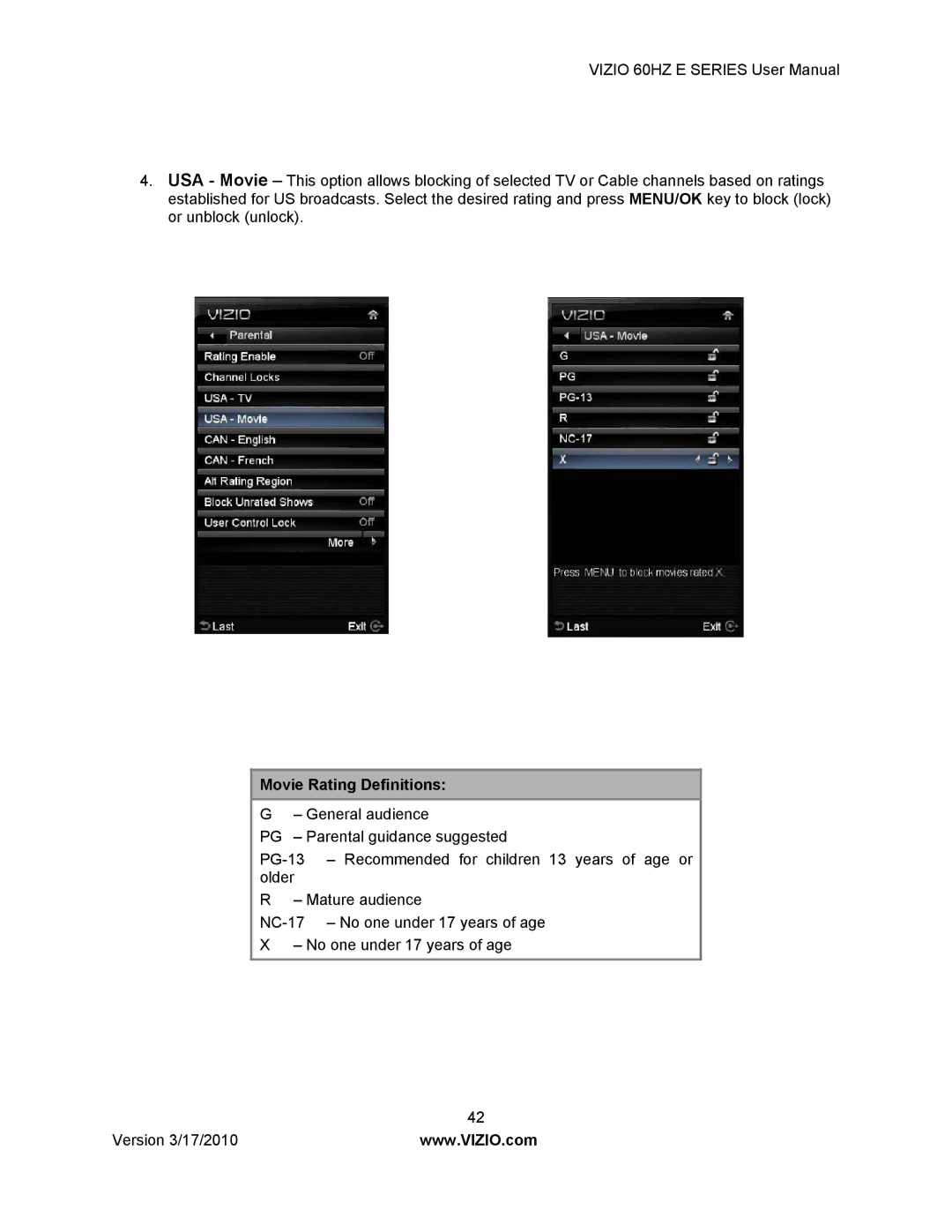 Weslo E320VA user manual Movie Rating Definitions 