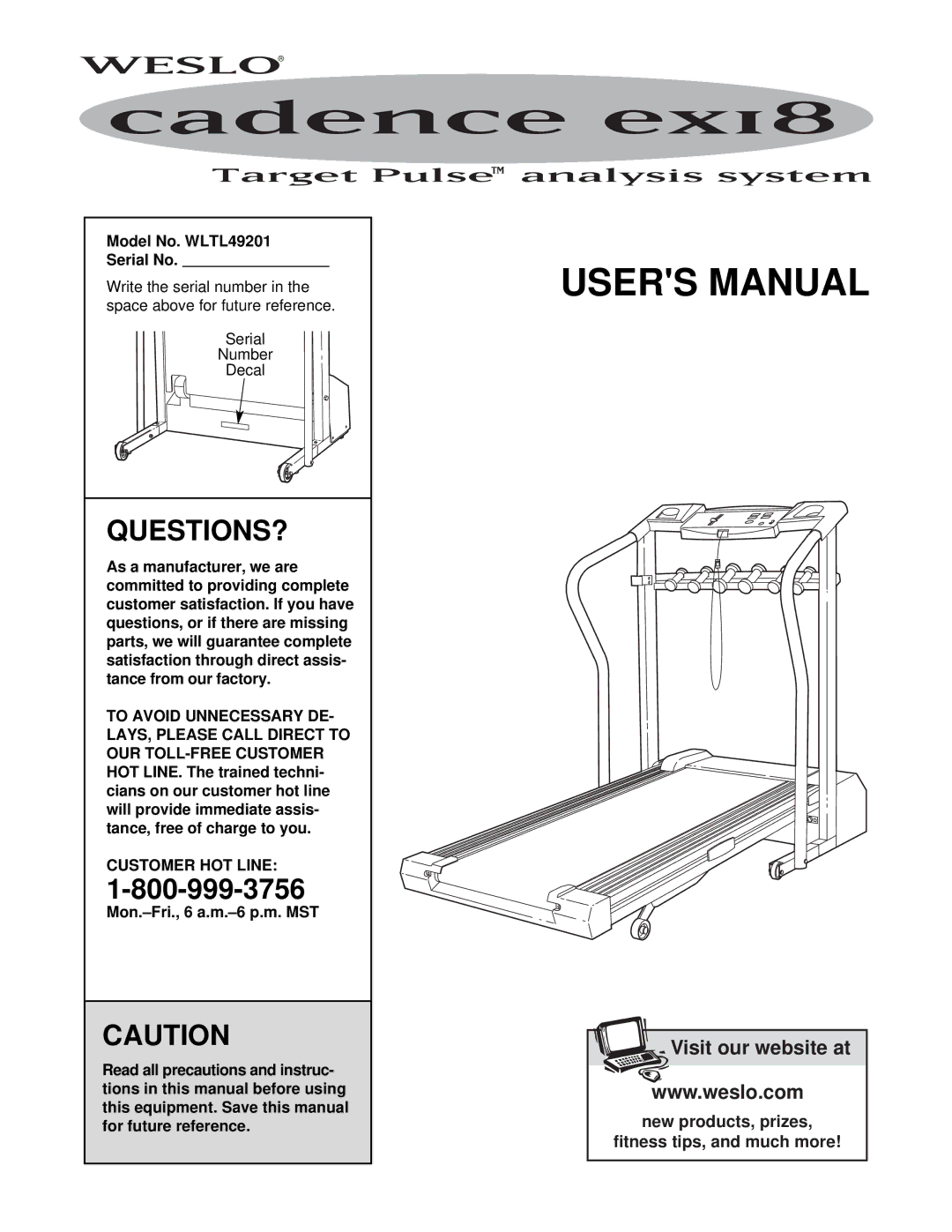 Weslo ex18 user manual Questions?, Model No. WLTL49201 Serial No, Customer HOT Line 