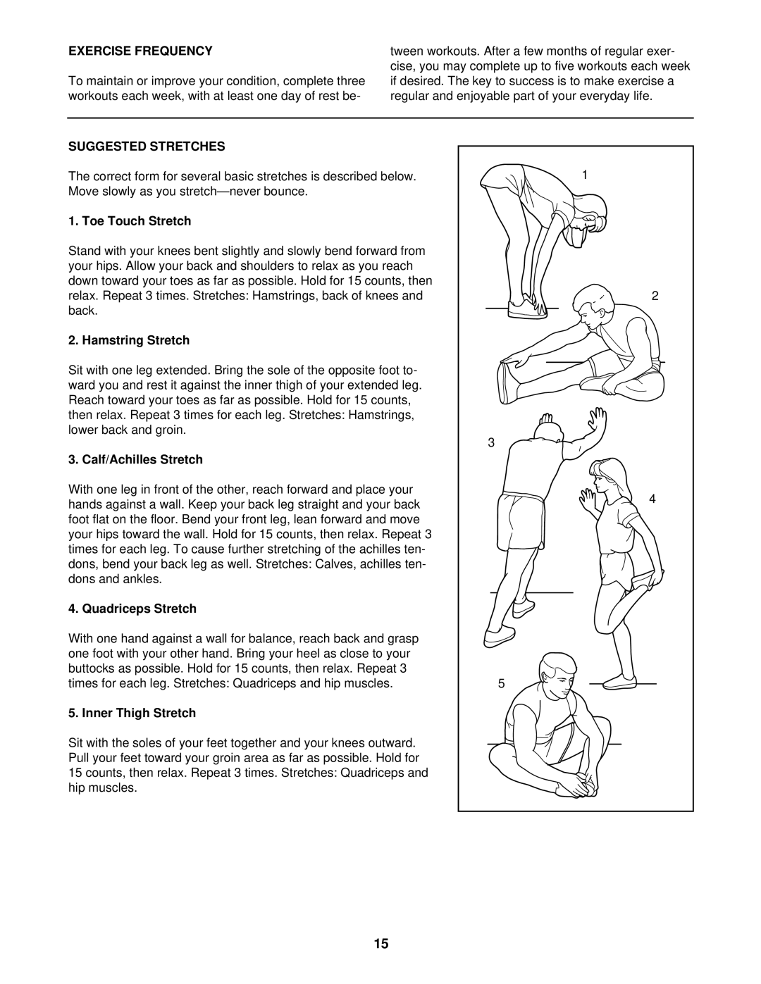 Weslo ex18 user manual Exercise Frequency, Suggested Stretches 