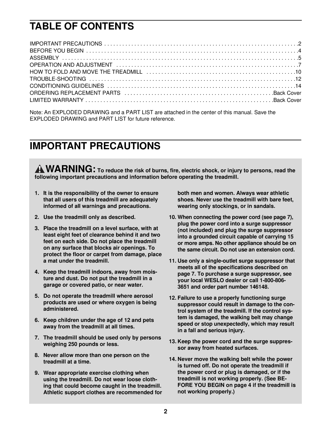 Weslo ex18 user manual Table of Contents, Important Precautions 