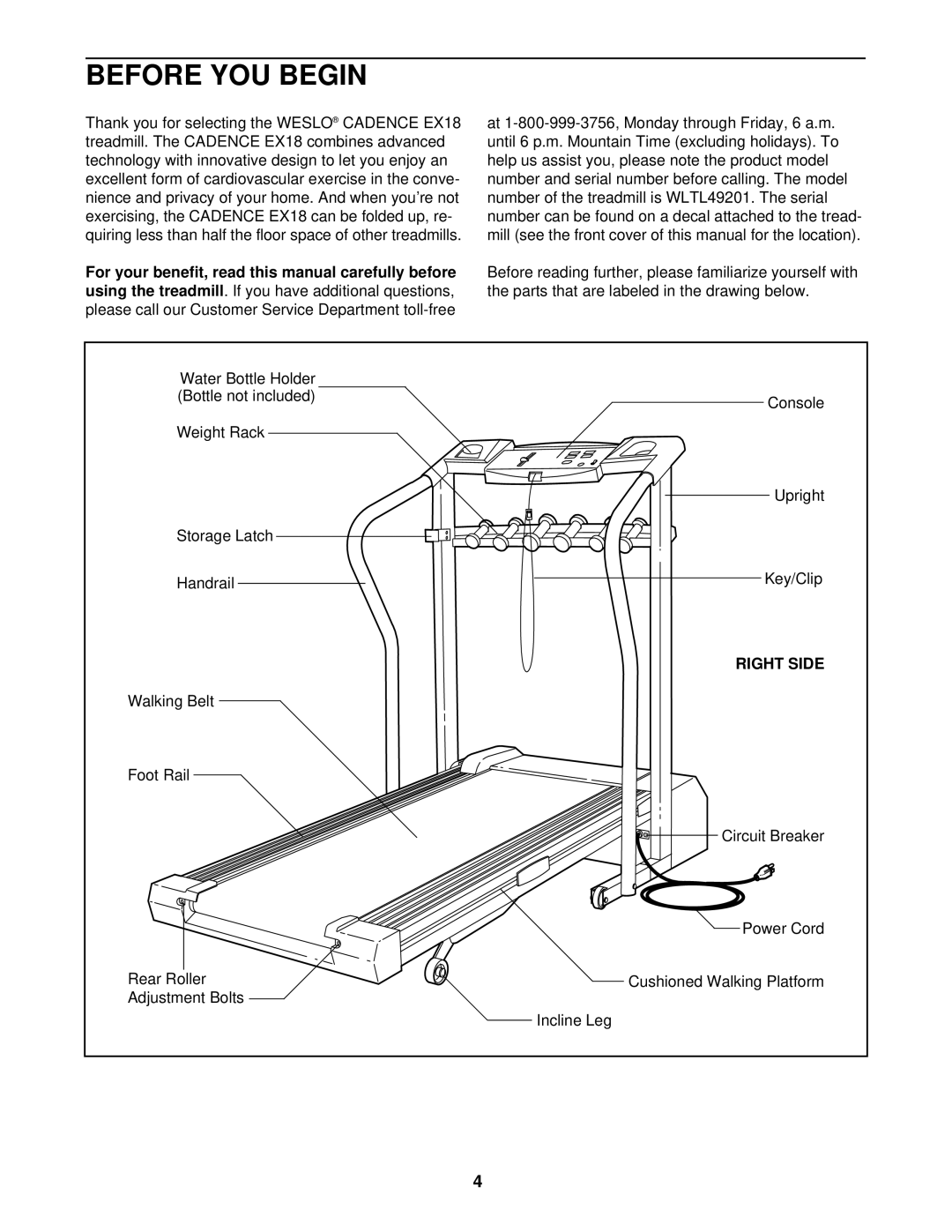 Weslo ex18 user manual Before YOU Begin, Right Side 