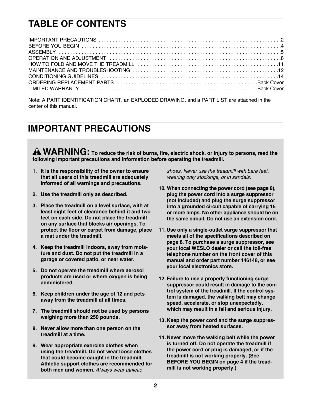 Weslo G-25 user manual Table of Contents, Important Precautions 