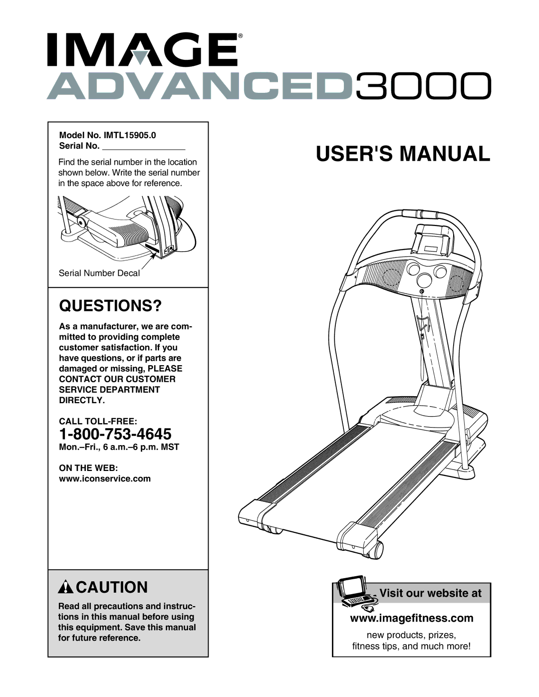 Weslo IMTL 15905.0 user manual Questions?, Model No. IMTL15905.0 Serial No, Call TOLL-FREE, Mon.-Fri., 6 a.m.-6 p.m. MST 