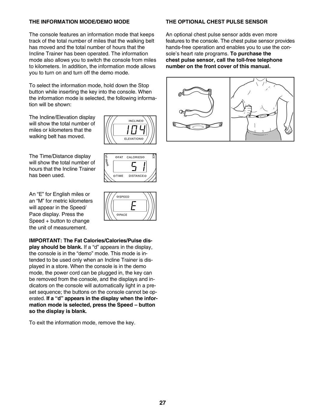 Weslo IMTL 15905.0 user manual Information MODE/DEMO Mode, Optional Chest Pulse Sensor 