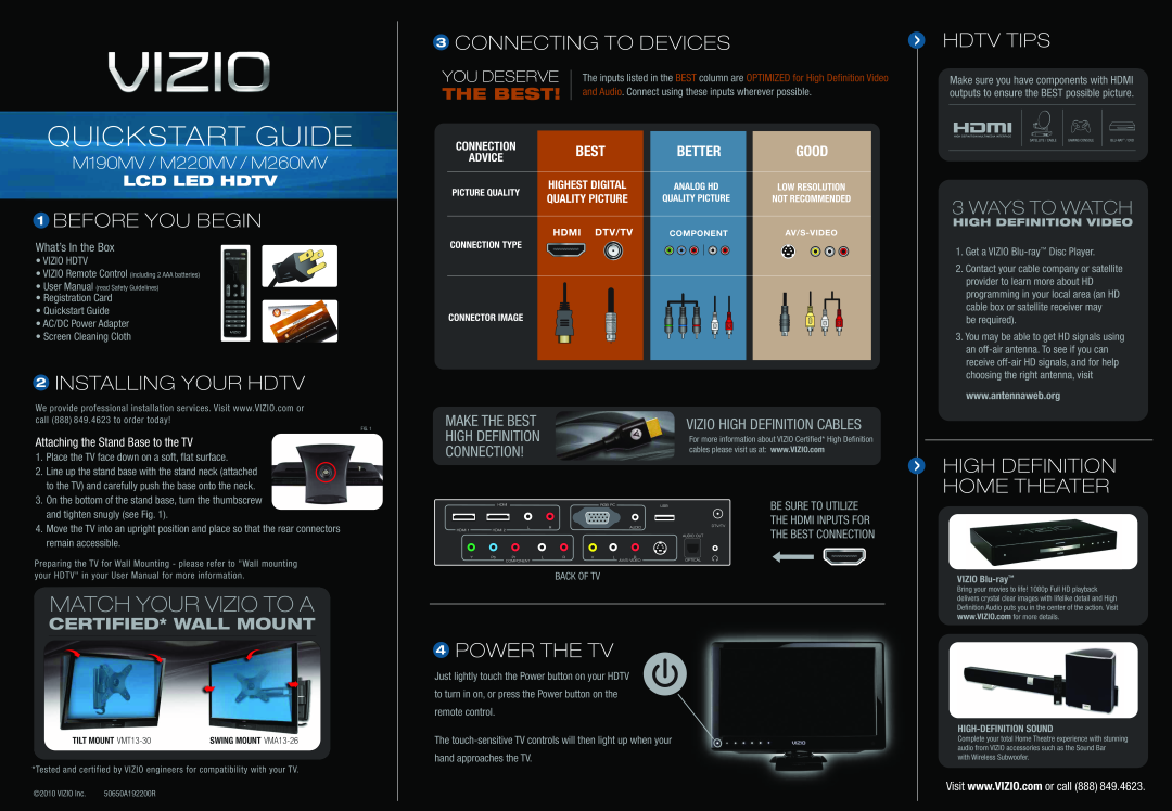 Weslo M190MV user manual Match Your Vizio To A, Before You Begin, Installing Your Hdtv, Connecting To Devices, Hdtv Tips 