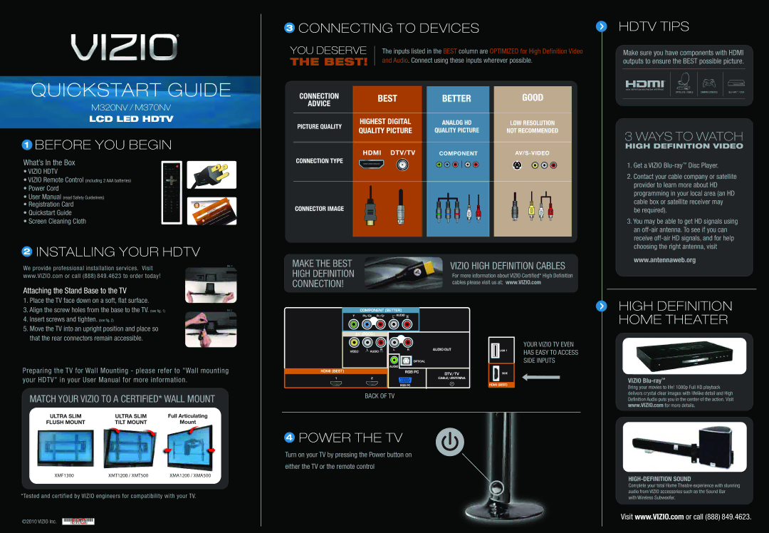 Weslo M320NV user manual Before YOU Begin, Connecting to Devices, Hdtv Tips, Installing Your Hdtv, Power the TV 