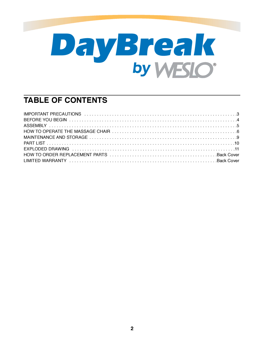 Weslo QVRX10170 user manual Table of Contents 