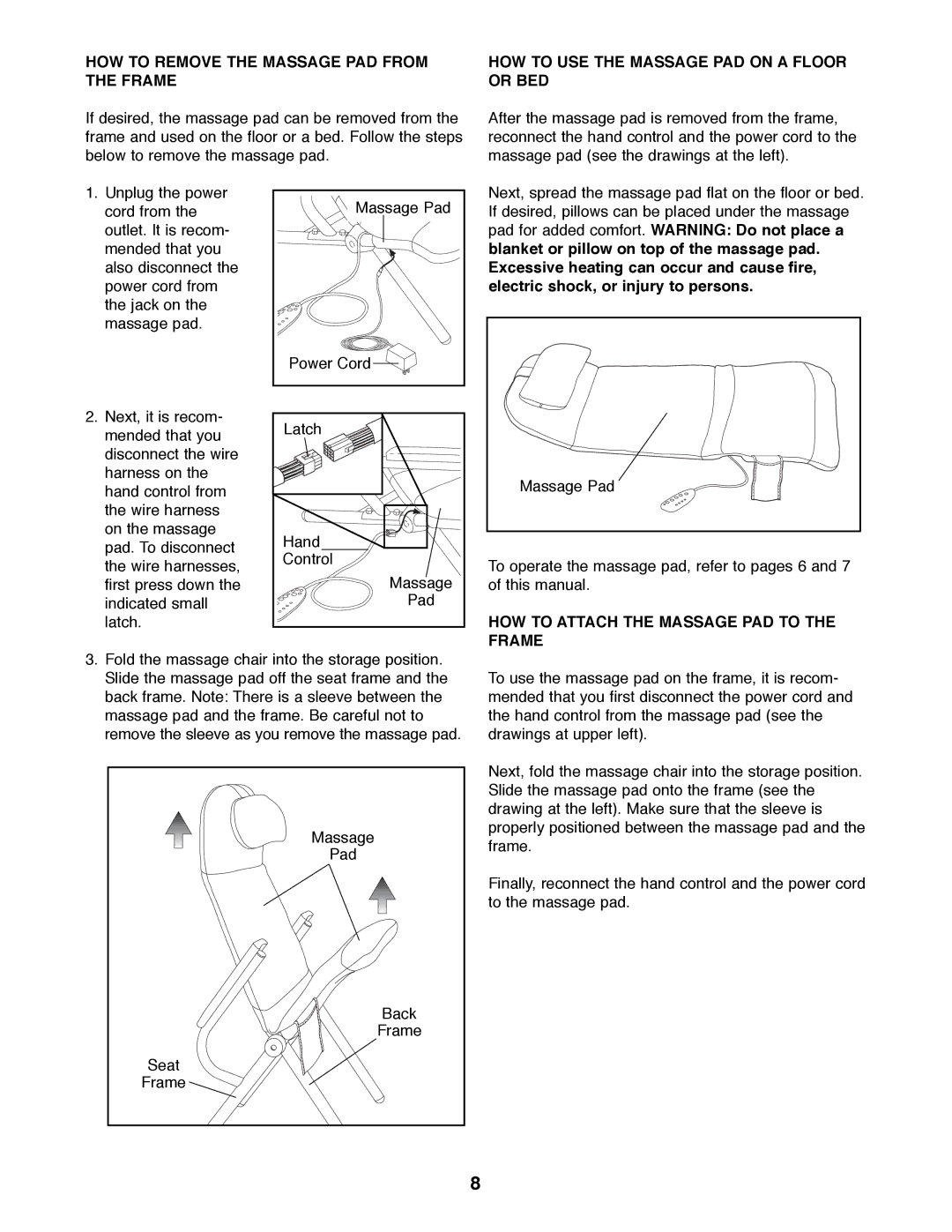 Weslo QVRX10170 user manual HOW to Attach the Massage PAD to the Frame 