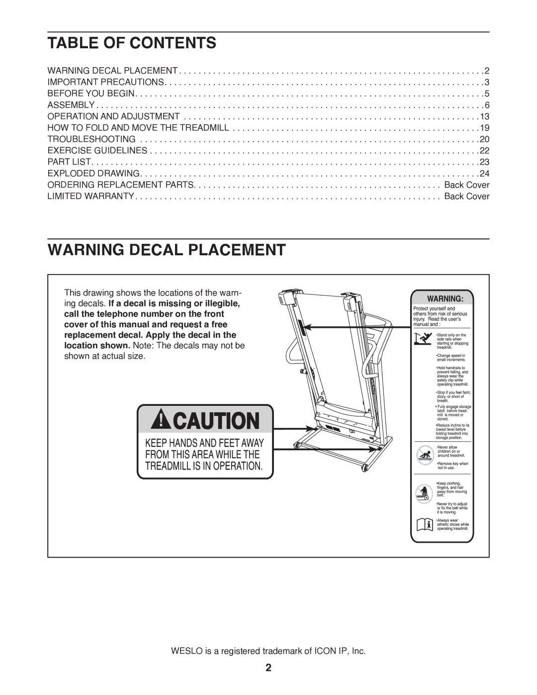 Weslo R 7.2 user manual Table of Contents 