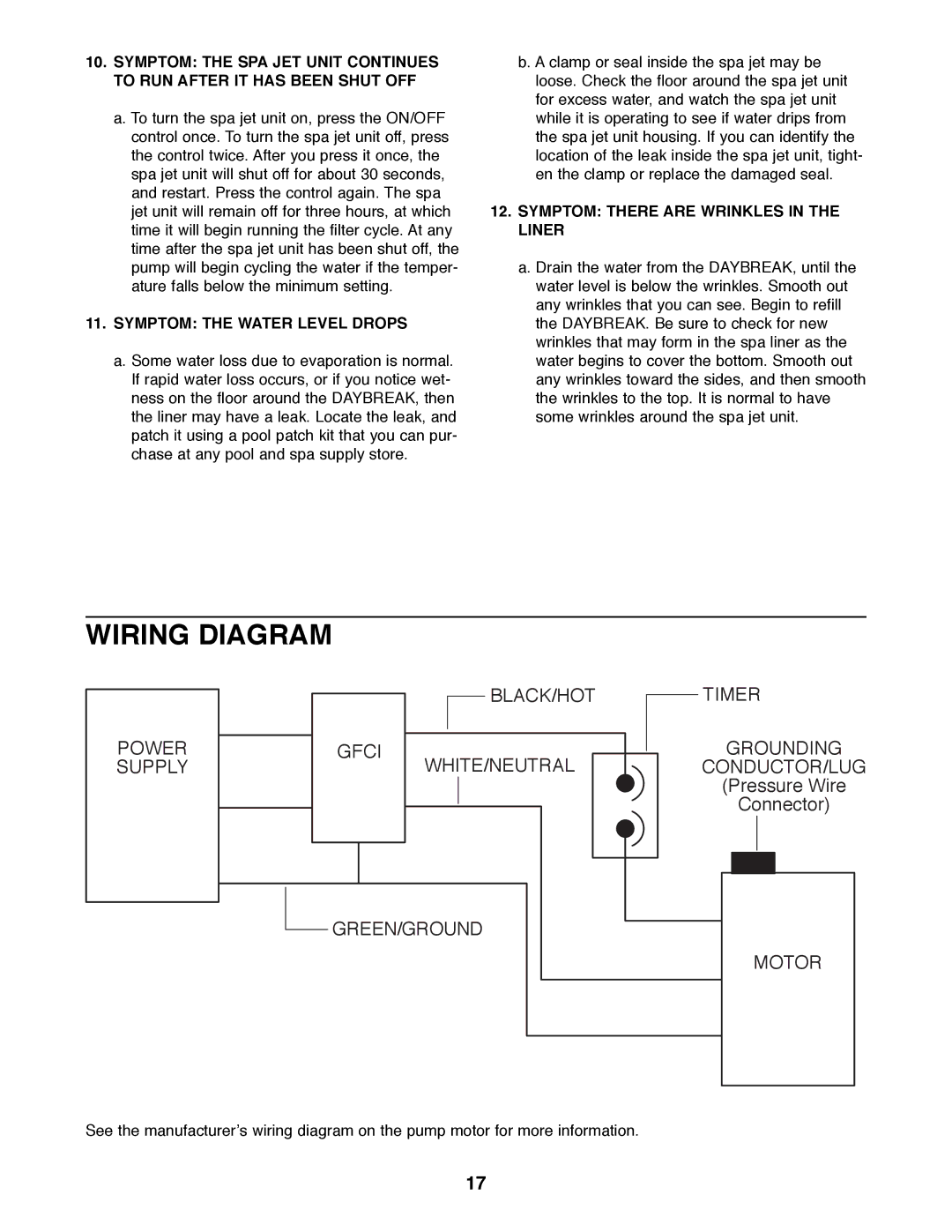 Weslo SPRW52464 user manual Wiring Diagram, Symptom the Water Level Drops, Symptom There are Wrinkles in the Liner 