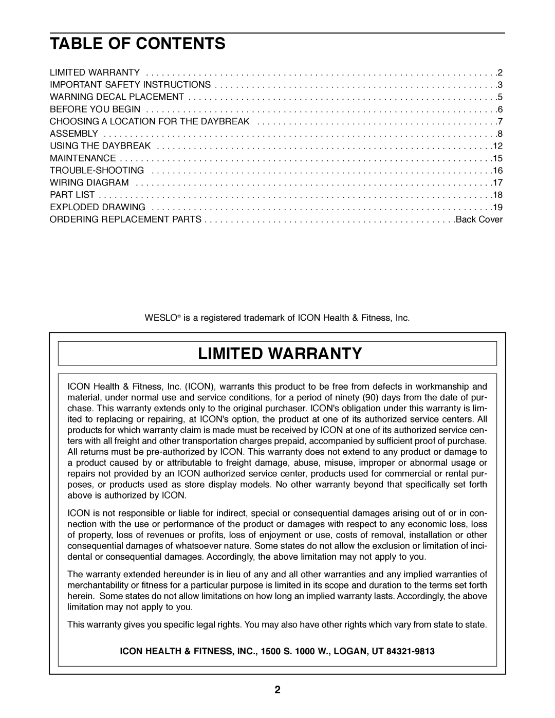 Weslo SPRW52464 user manual Table of Contents, Limited Warranty 