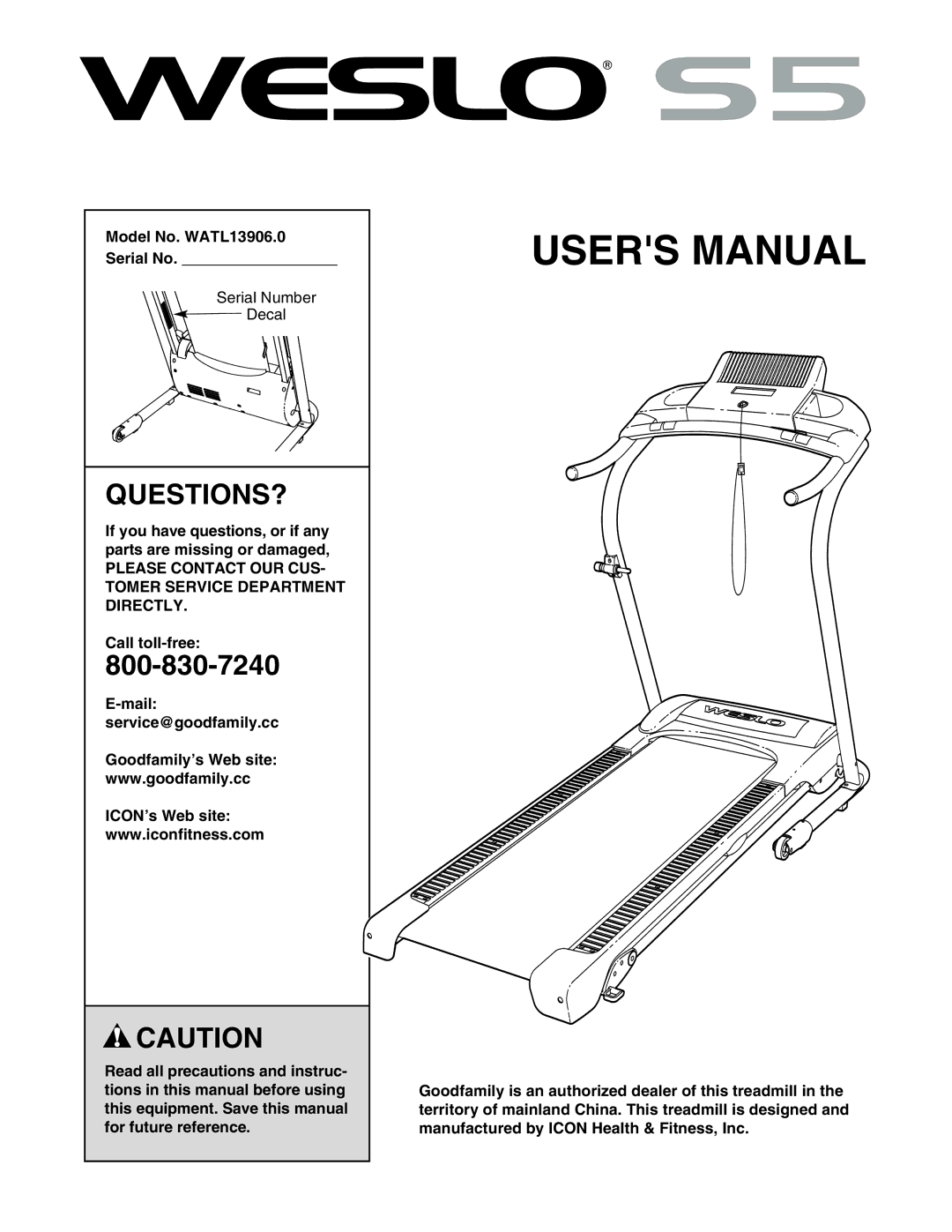 Weslo user manual Questions?, Model No. WATL13906.0 Serial No 