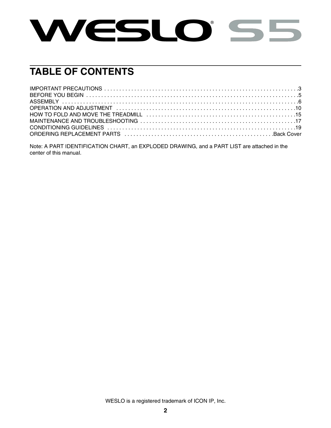 Weslo WATL13906.0 user manual Table of Contents 