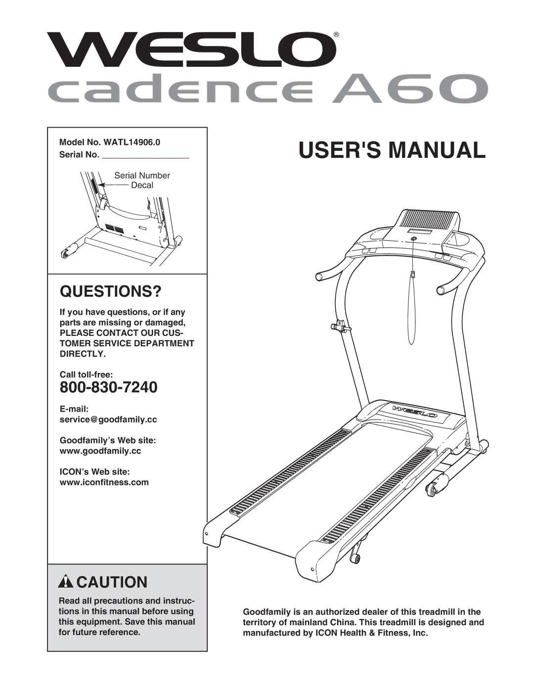 Weslo user manual Questions?, Model No. WATL14906.0 Serial No 