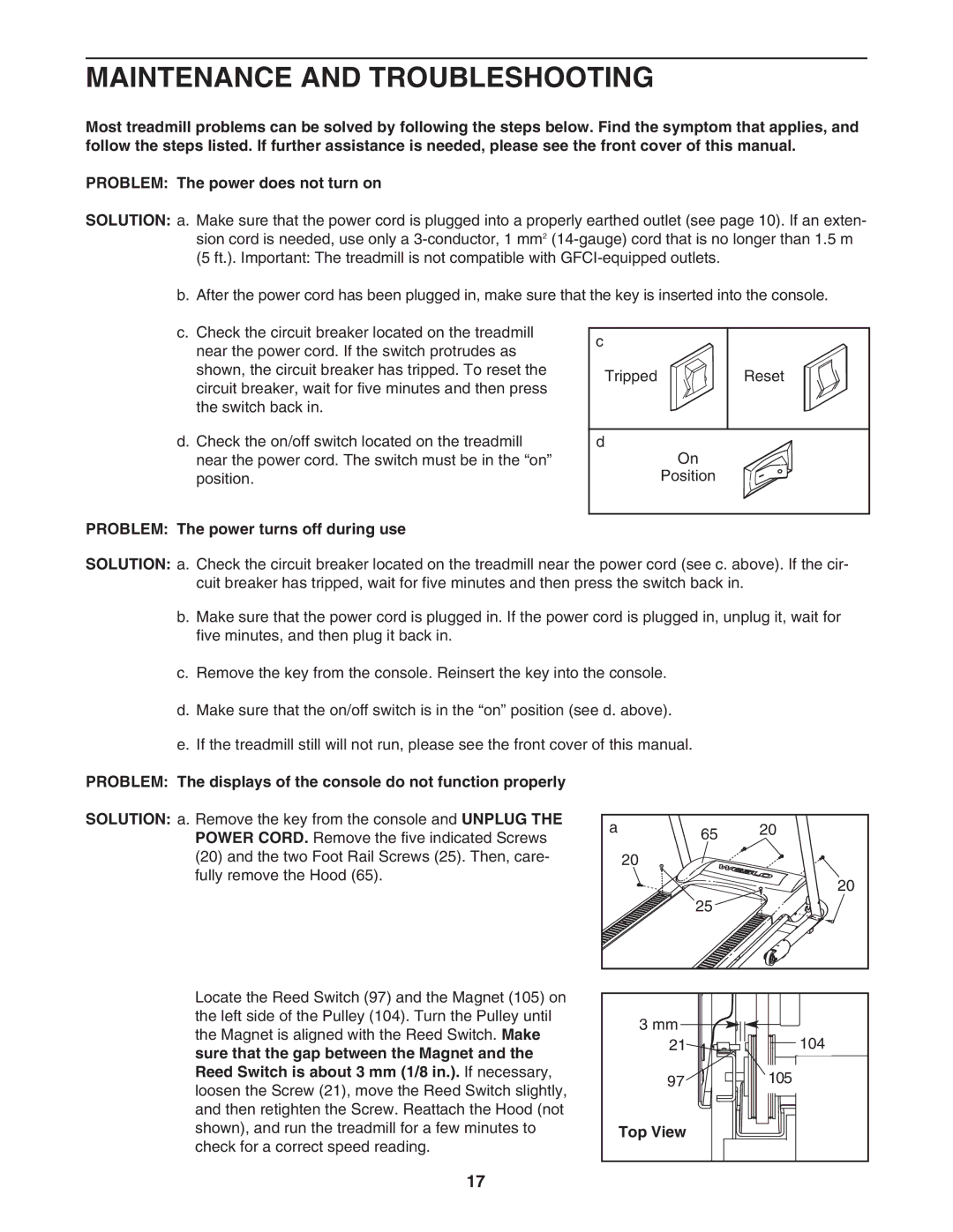 Weslo WATL14906.0 user manual Maintenance and Troubleshooting, Problem The power turns off during use, Top View 