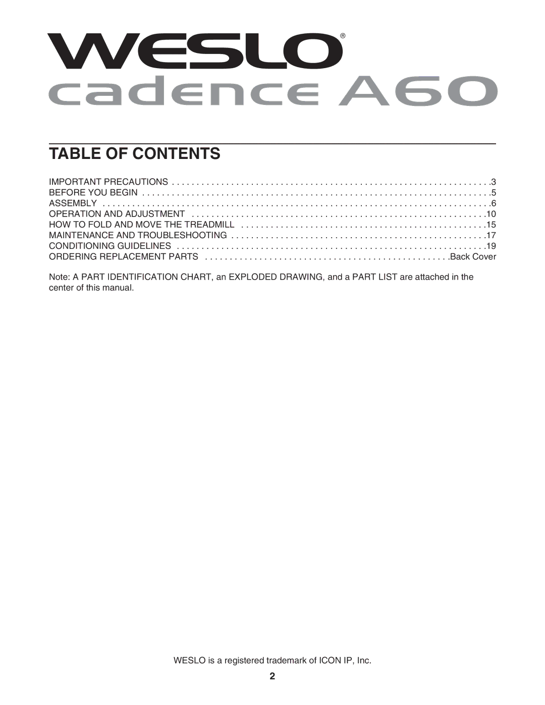 Weslo WATL14906.0 user manual Table of Contents 