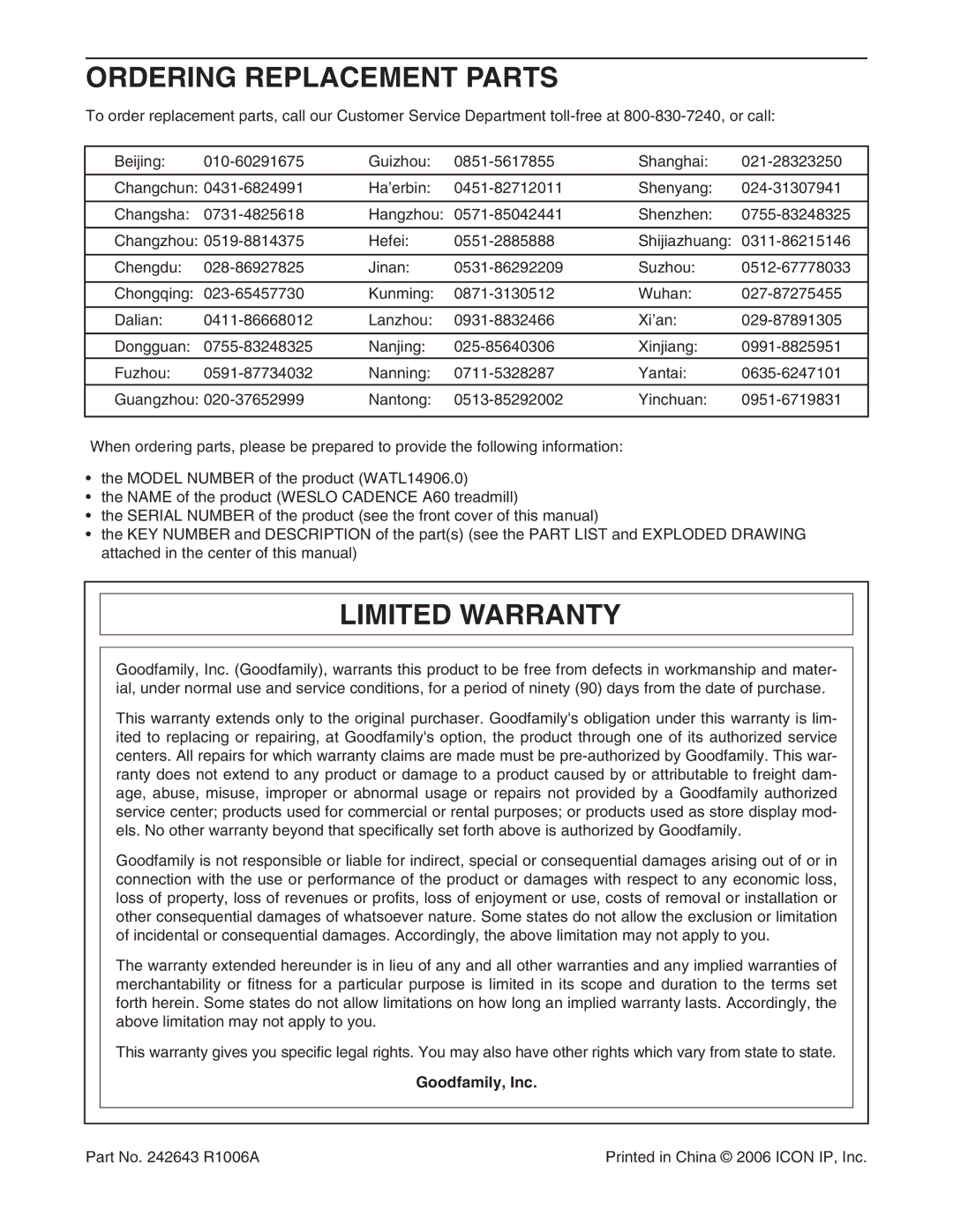 Weslo WATL14906.0 user manual Ordering Replacement Parts, Limited Warranty, Goodfamily, Inc 