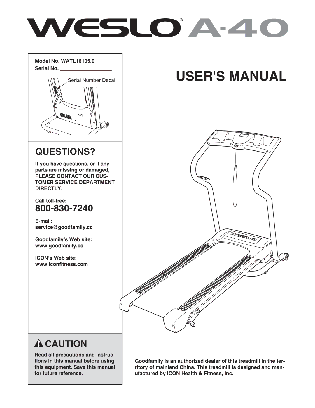 Weslo user manual Questions?, Model No. WATL16105.0 Serial No 