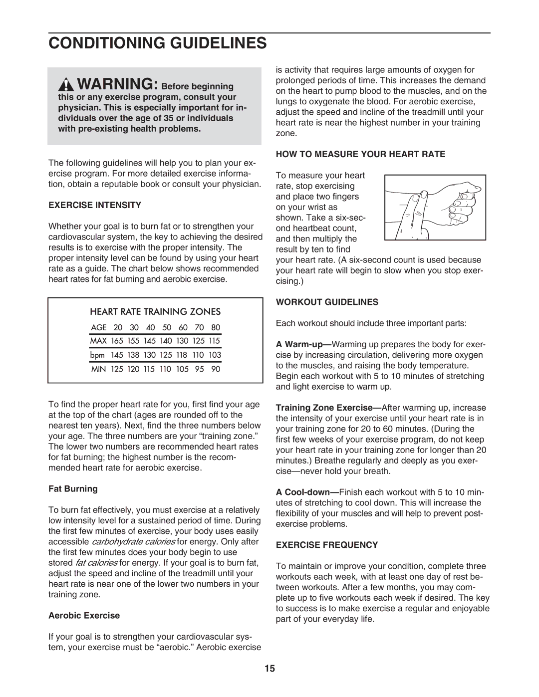 Weslo WATL16105.0 Conditioning Guidelines, Exercise Intensity, HOW to Measure Your Heart Rate, Workout Guidelines 