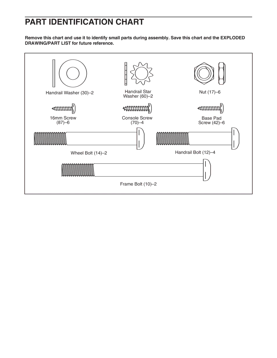 Weslo WATL16105.0 user manual Part Identification Chart 