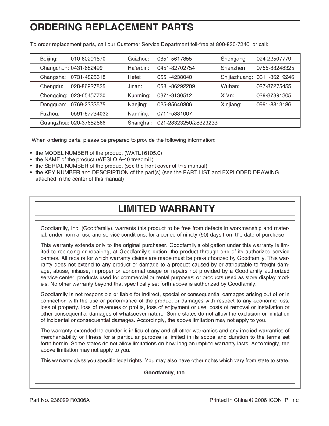 Weslo WATL16105.0 user manual Ordering Replacement Parts, Limited Warranty, Goodfamily, Inc 