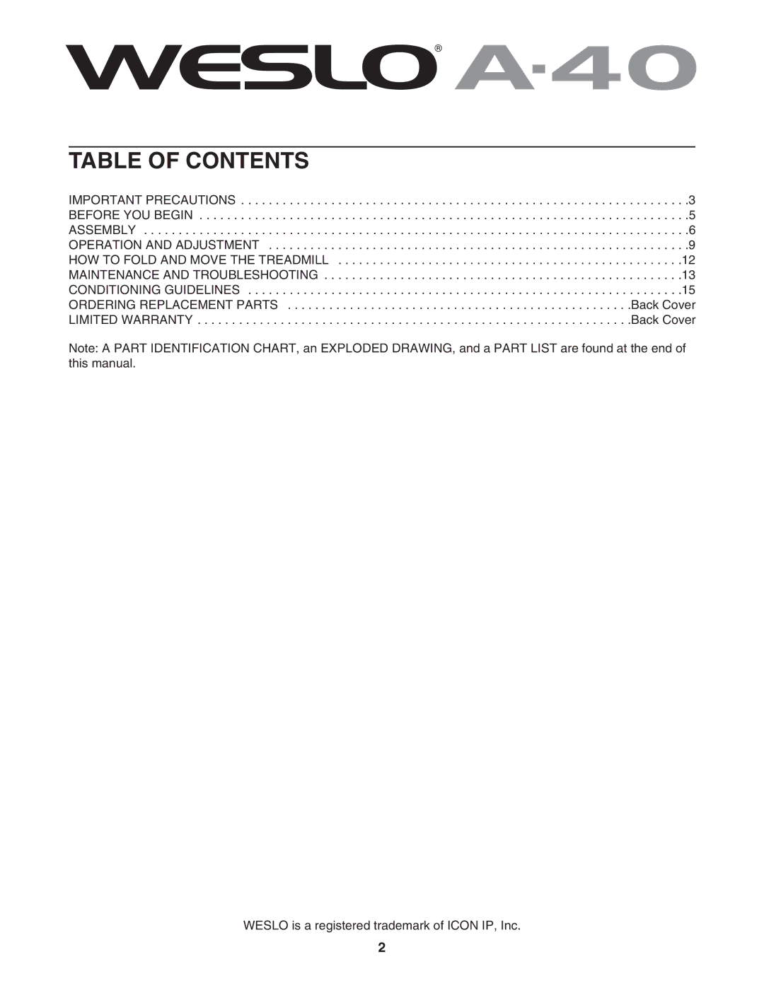 Weslo WATL16105.0 user manual Table of Contents 