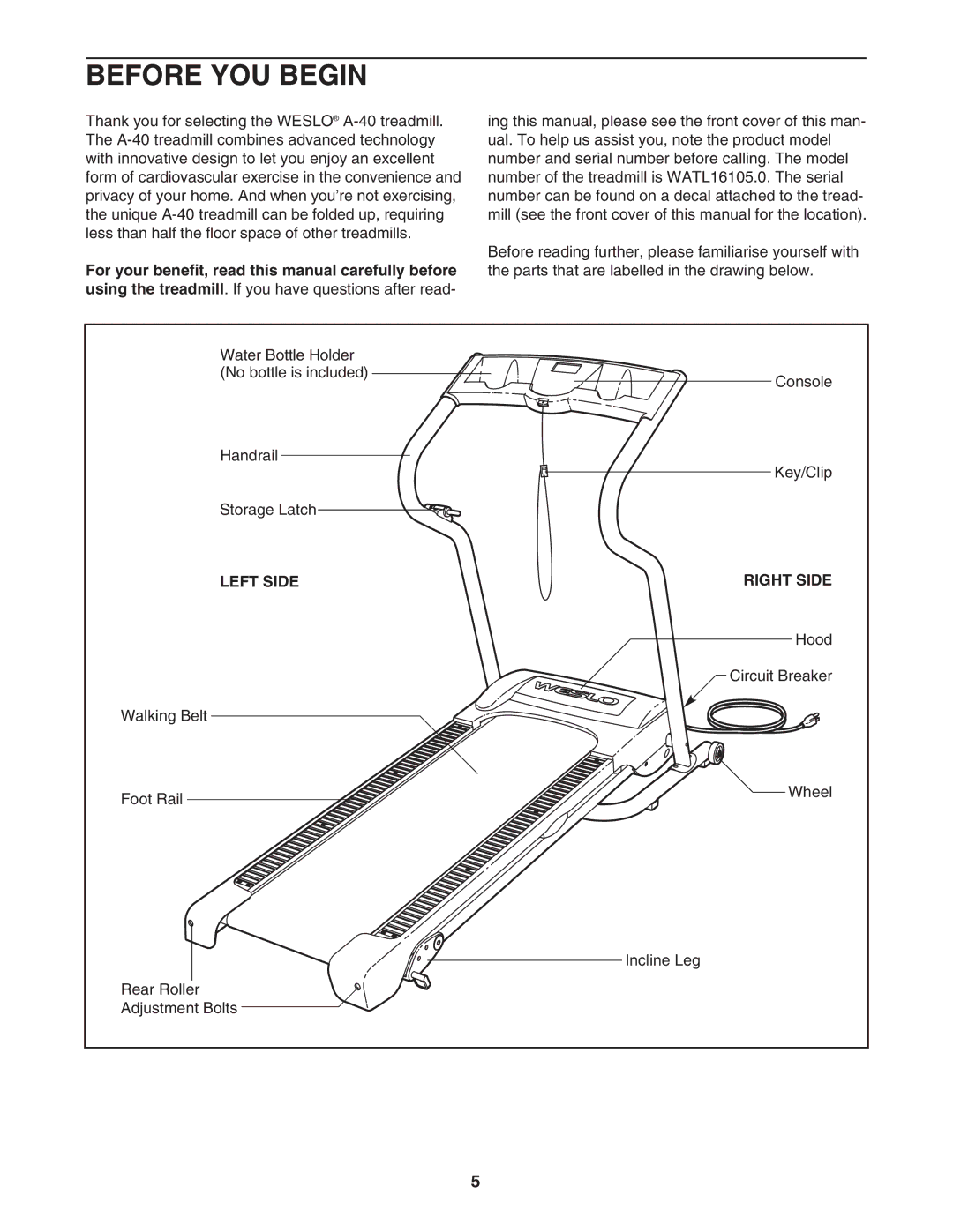 Weslo WATL16105.0 user manual Before YOU Begin, Left Side Right Side 