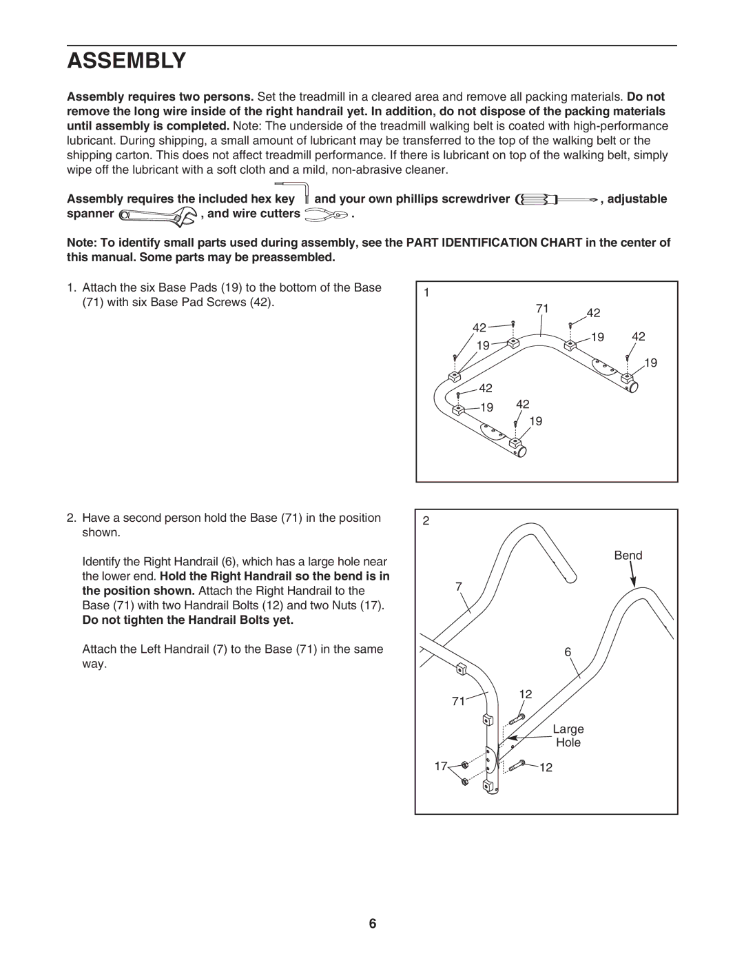 Weslo WATL16105.0 user manual Assembly, Do not tighten the Handrail Bolts yet 