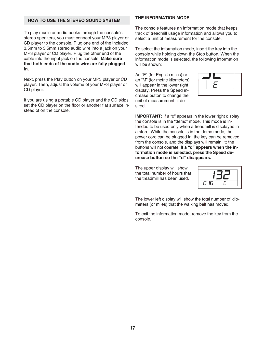 Weslo WATL26806.0 user manual HOW to USE the Stereo Sound System Information Mode 