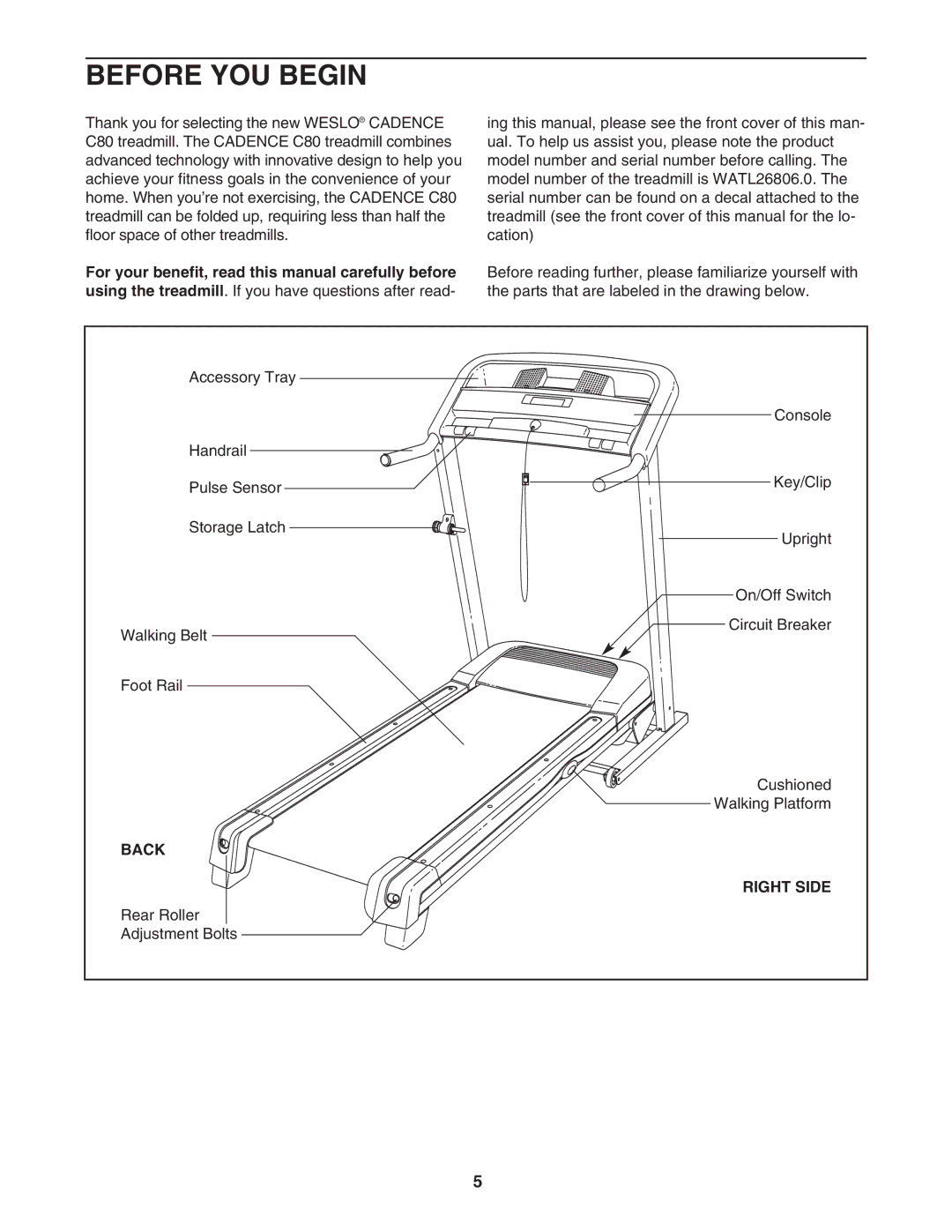 Weslo WATL26806.0 user manual Before YOU Begin, Back Right Side 