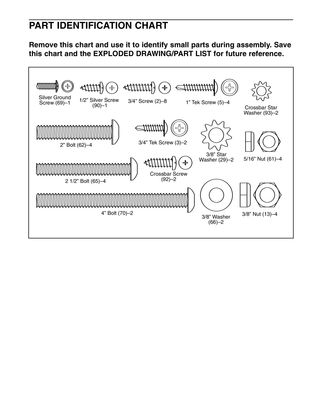 Weslo WATL27105.1 user manual Part Identification Chart 