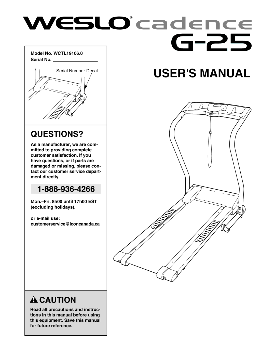 Weslo wctl19106.0 user manual Questions?, Model No. WCTL19106.0 Serial No 