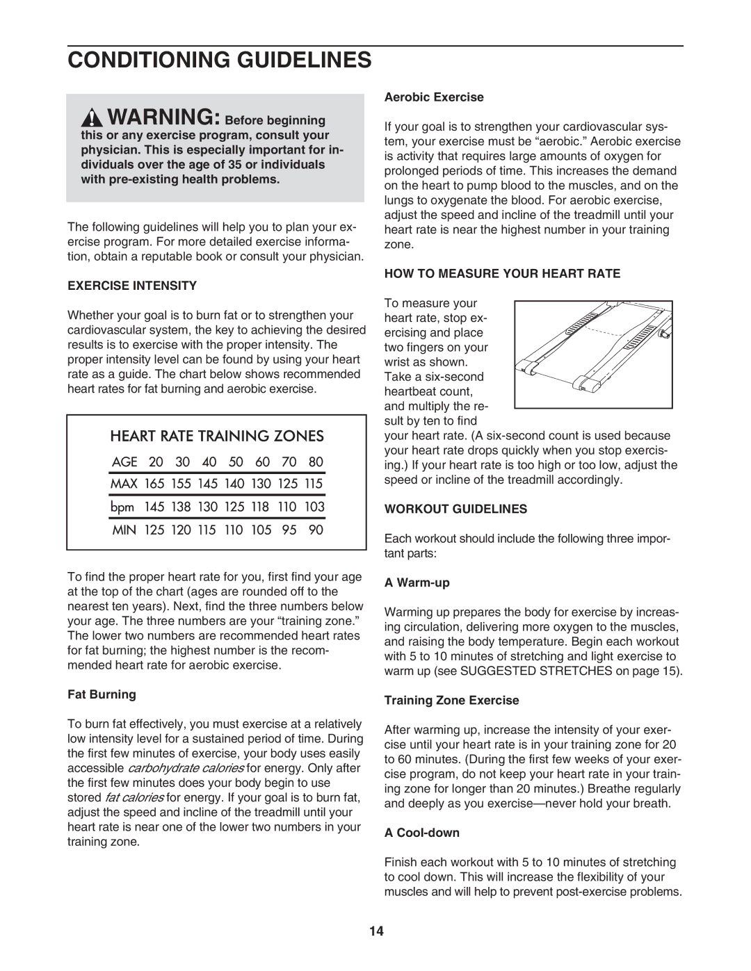 Weslo wctl19106.0 Conditioning Guidelines, Exercise Intensity, HOW to Measure Your Heart Rate, Workout Guidelines 