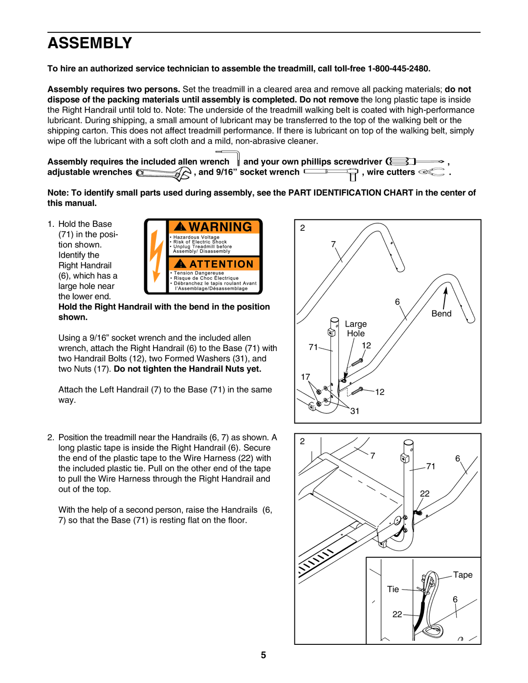 Weslo wctl19106.0 user manual Assembly, Hold the Right Handrail with the bend in the position, Shown 