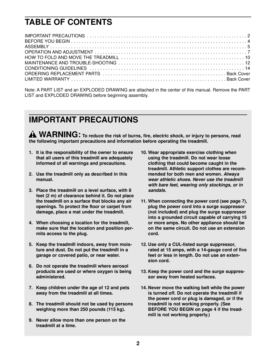 Weslo WCTL26080 user manual Table of Contents, Important Precautions 