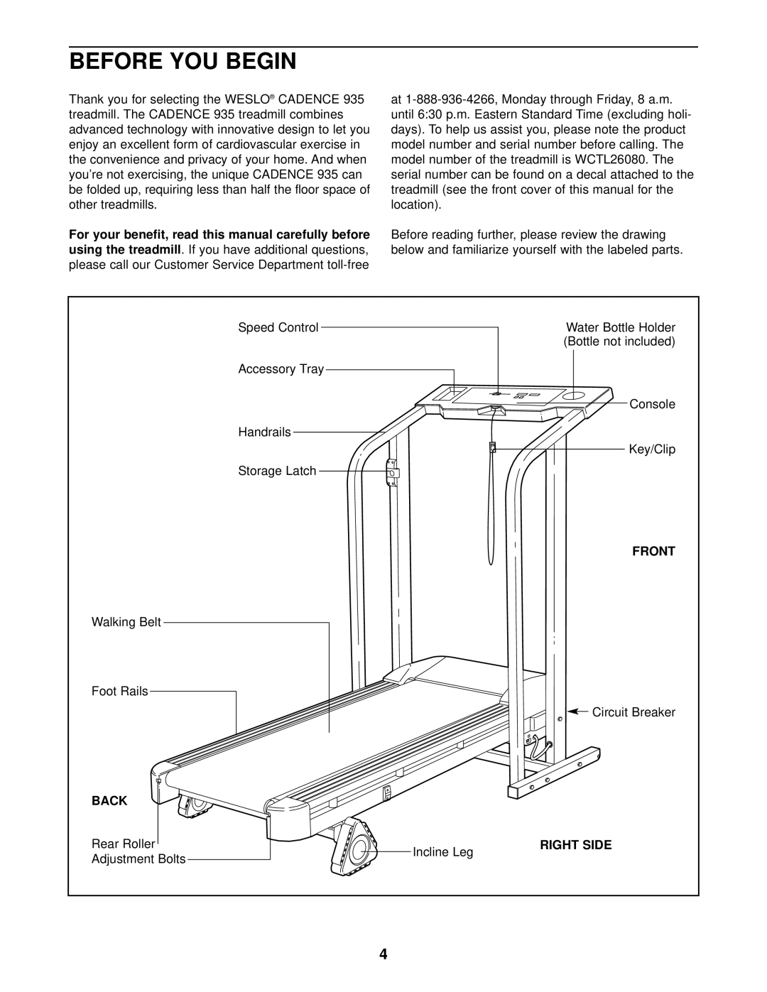 Weslo WCTL26080 user manual Before YOU Begin, Front, Back, Right Side 