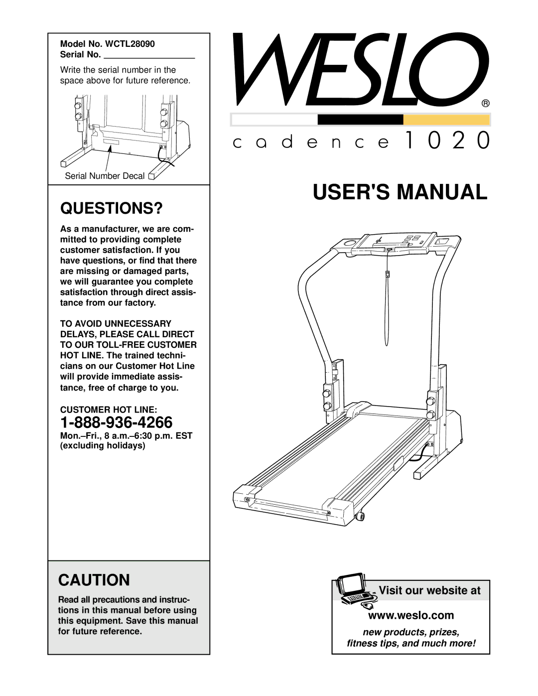 Weslo user manual Questions?, Model No. WCTL28090 Serial No, Customer HOT Line 