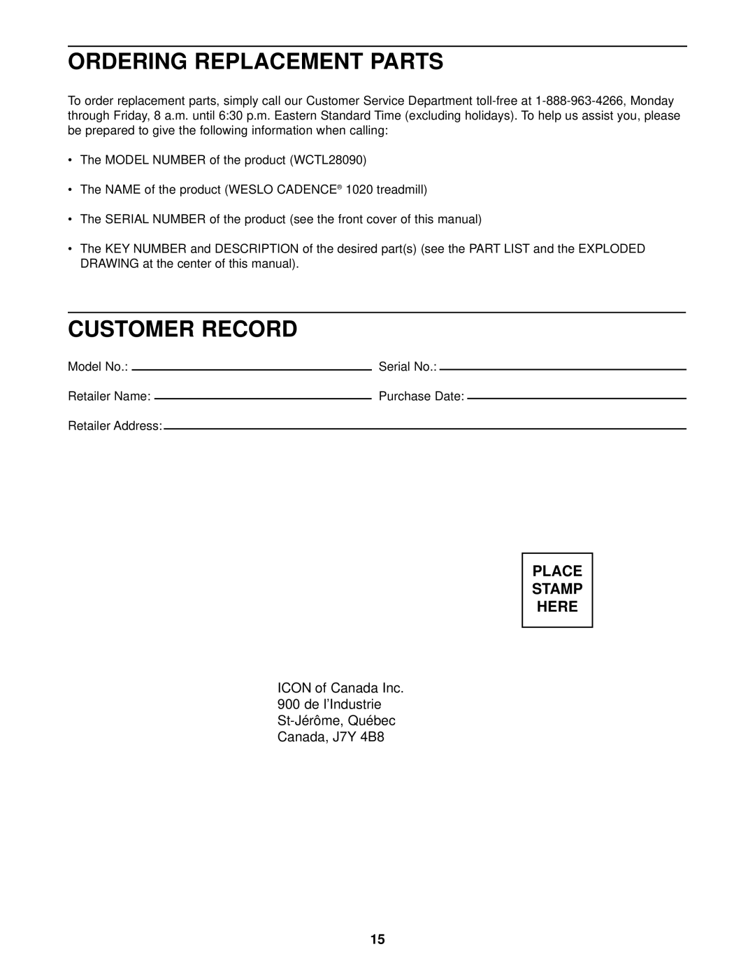 Weslo WCTL28090 user manual Ordering Replacement Parts, Customer Record 