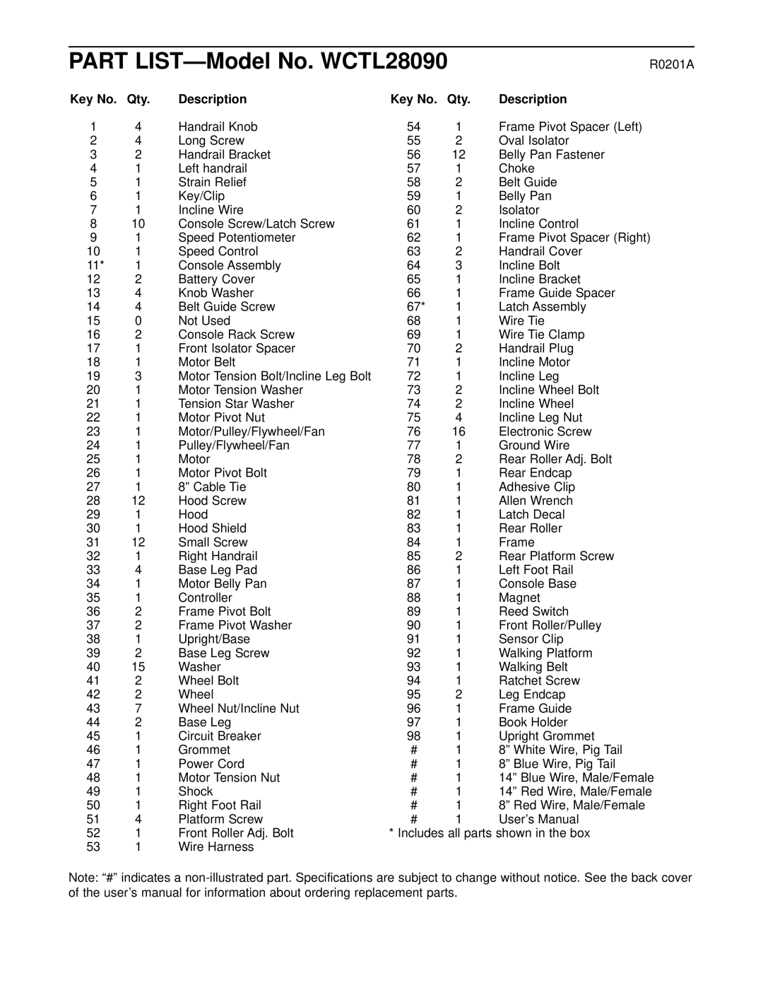 Weslo user manual Part LIST-Model No. WCTL28090, Qty Description 