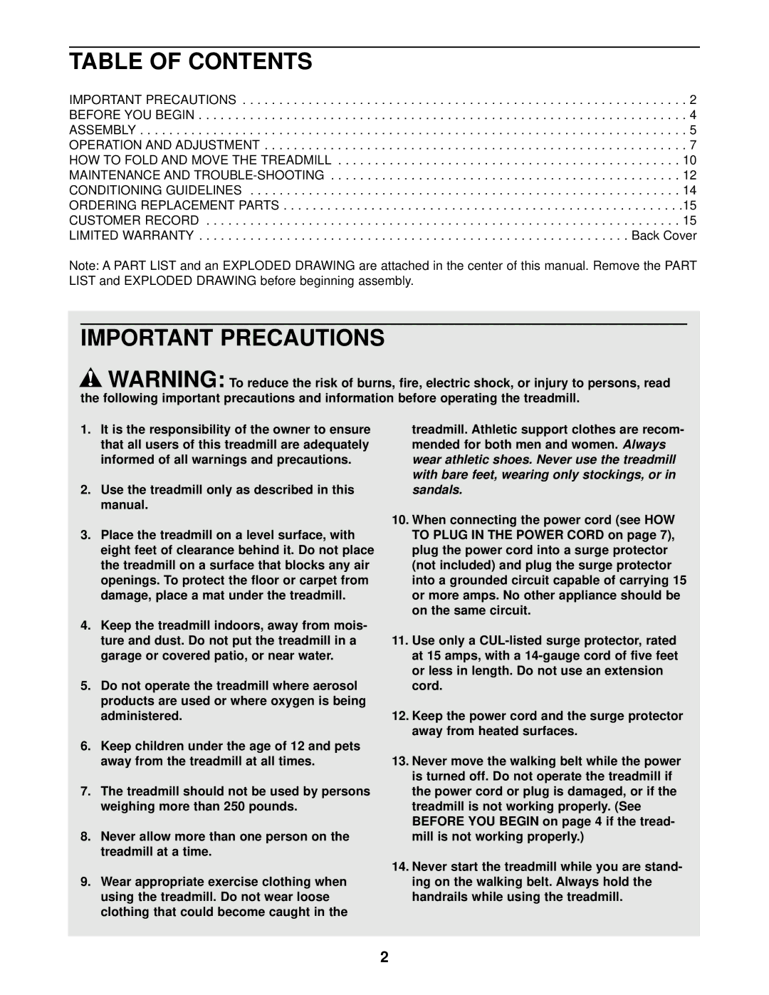 Weslo WCTL28090 user manual Table of Contents, Important Precautions 