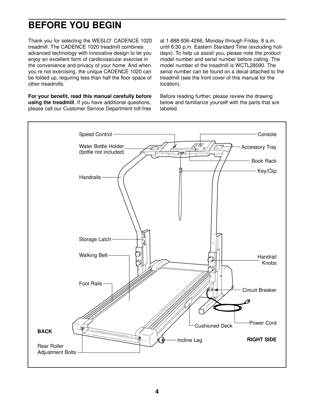 Weslo WCTL28090 user manual Before YOU Begin, Back, Right Side 