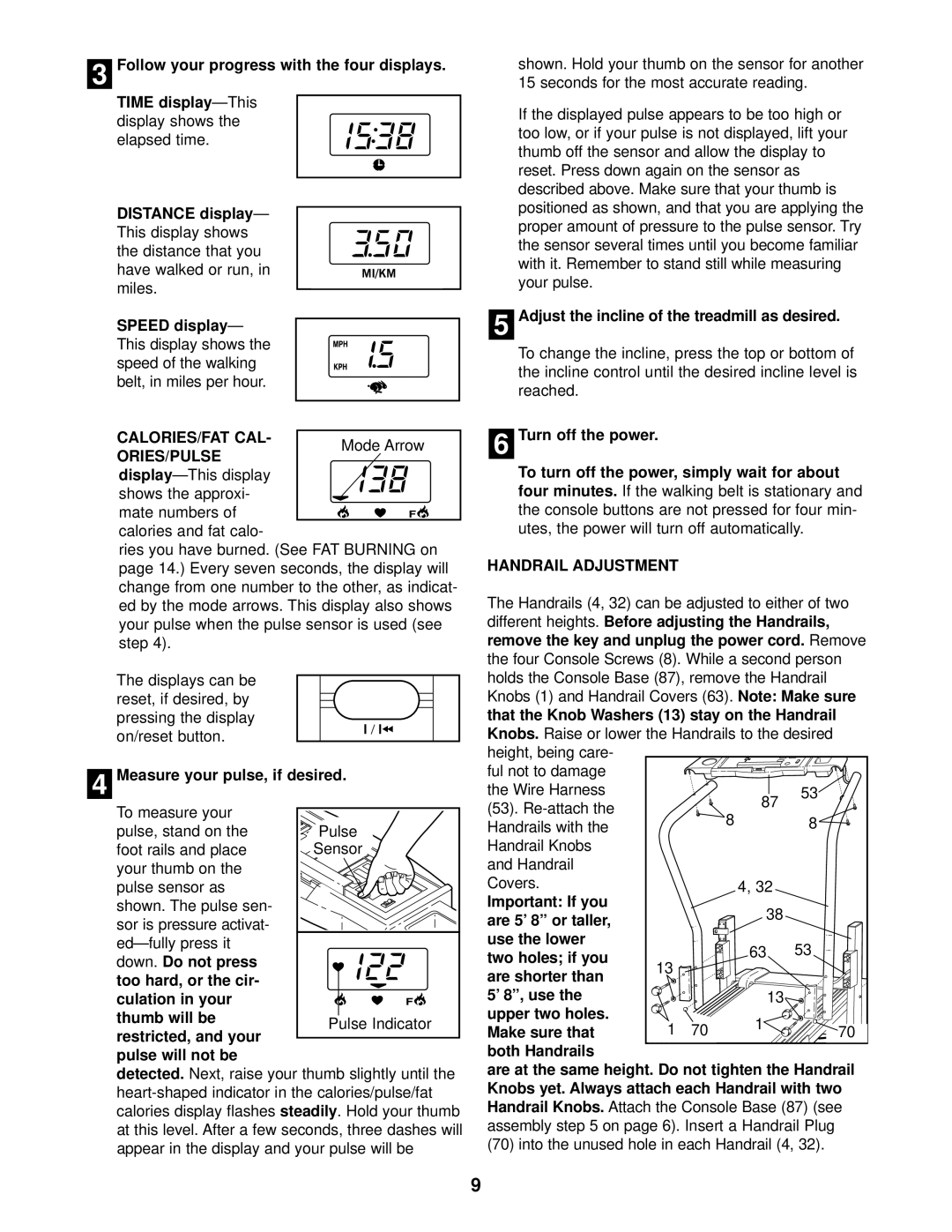 Weslo WCTL28090 user manual Calories/Fat Cal Ories/Pulse, Measure your pulse, if desired, Handrail Adjustment 