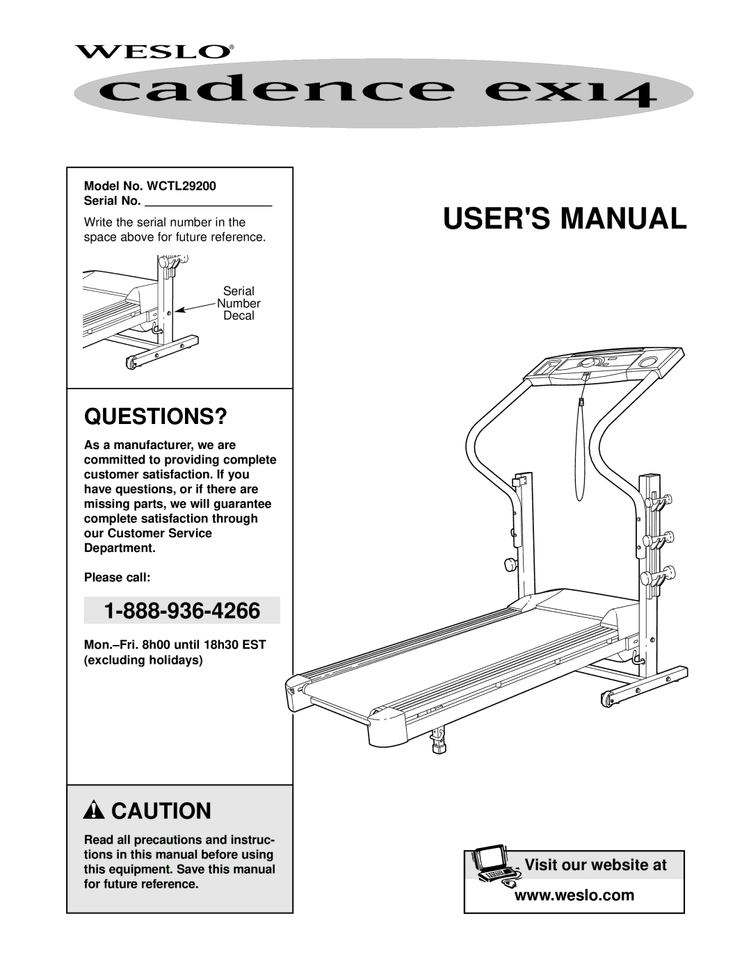 Weslo user manual Questions?, Model No. WCTL29200 Serial No 