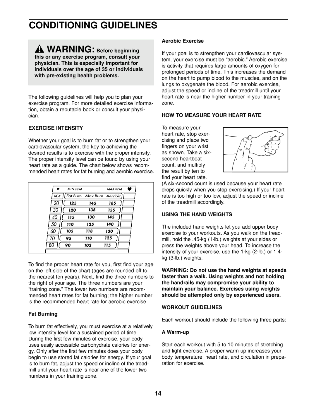 Weslo WCTL29200 Conditioning Guidelines, Exercise Intensity, HOW to Measure Your Heart Rate, Using the Hand Weights 