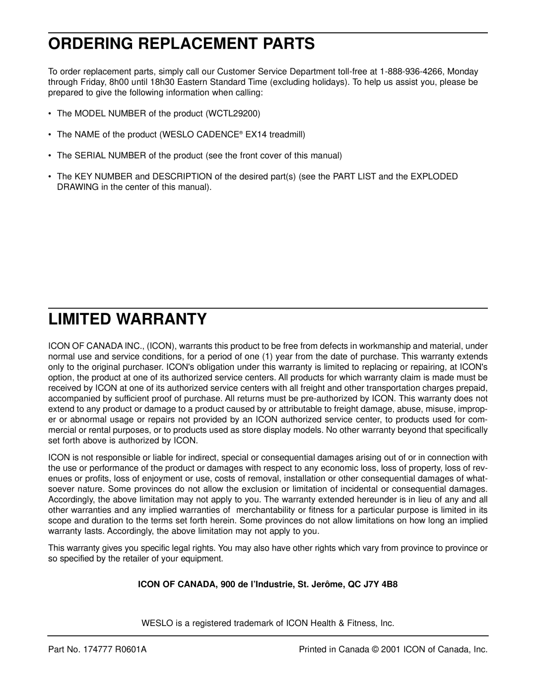 Weslo WCTL29200 Ordering Replacement Parts, Limited Warranty, Icon of CANADA, 900 de l’Industrie, St. Jerôme, QC J7Y 4B8 