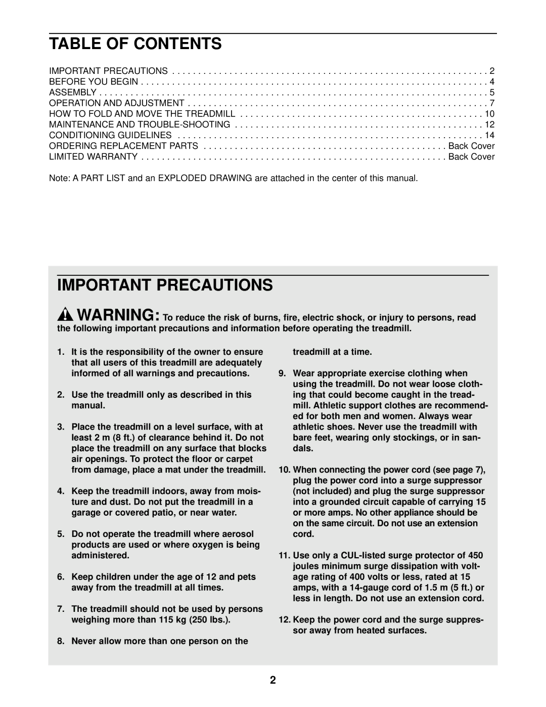 Weslo WCTL29200 user manual Table of Contents, Important Precautions 